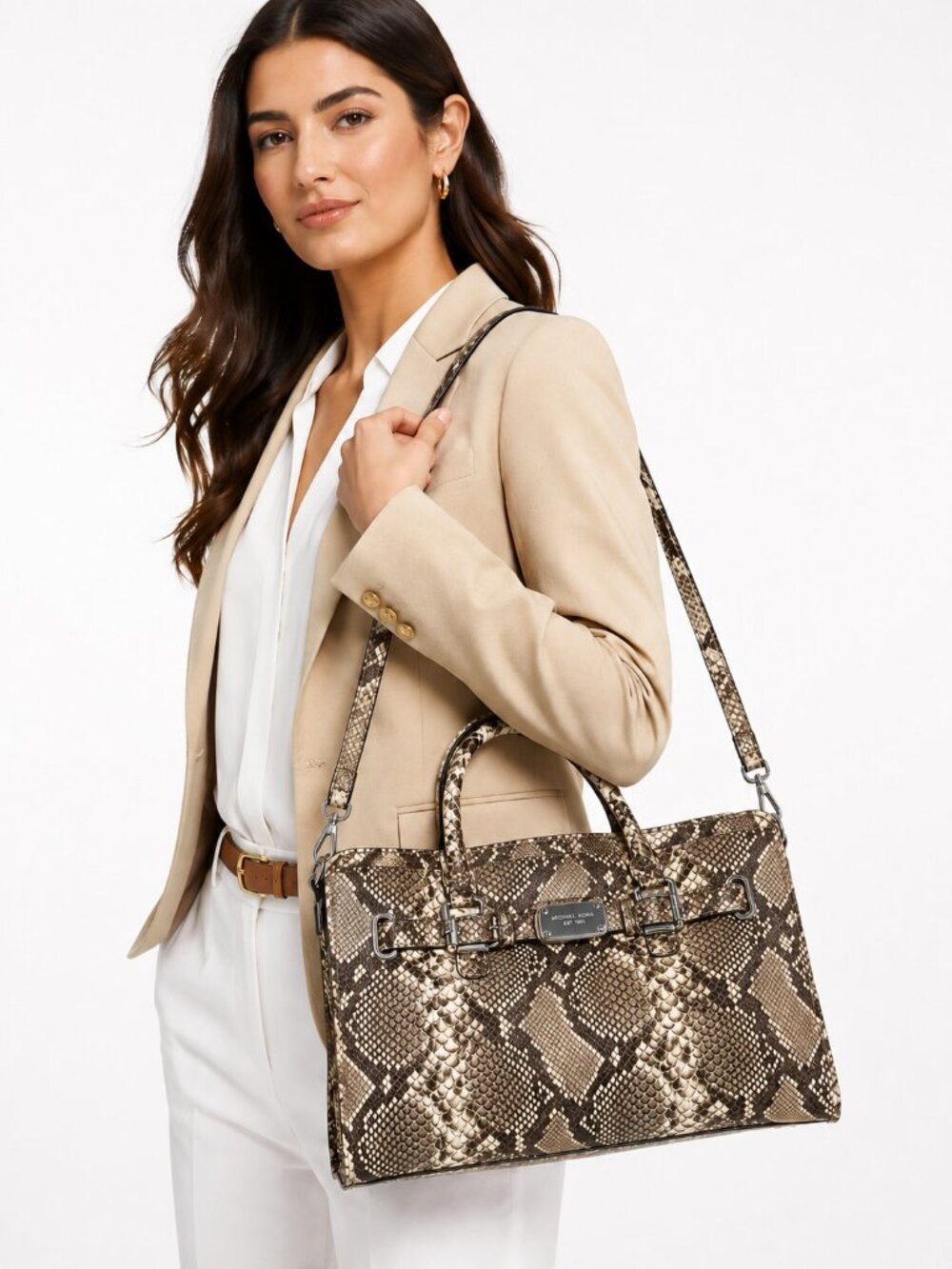 Michael Kors Whipped Hamilton Brown/Natural Snakeskin Embossed Leather Satchel